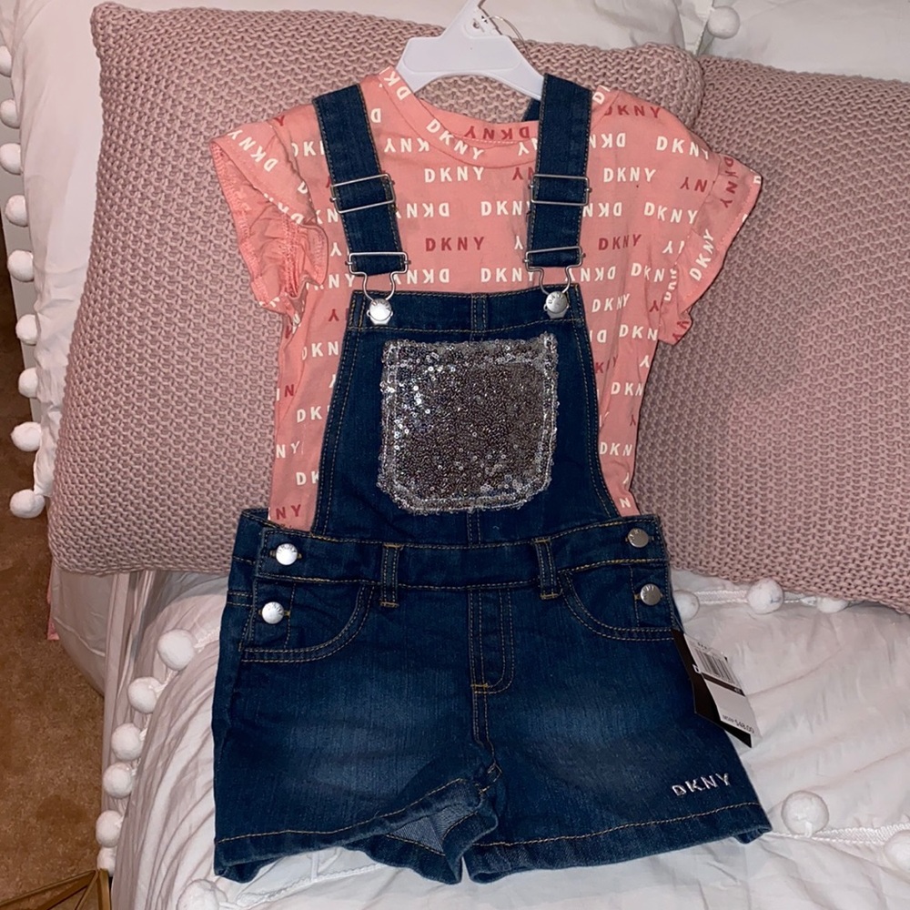DKNY size 4T sequins overall and shirt combo
